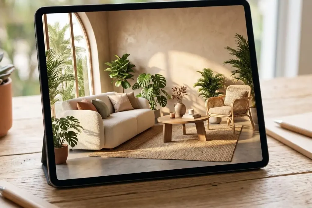 A lifelike 3D visualization of a tropical living room with afternoon light falling across the walls, shown on screen during an online interior design project
