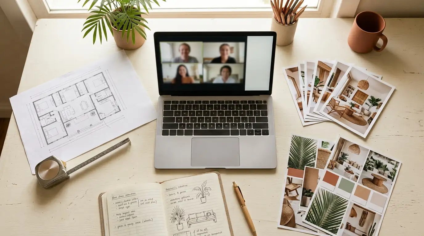 Preparing for an online interior design consultation — a laptop on a video call, a floor plan, a tape measure, room photos and reference images laid out on a desk