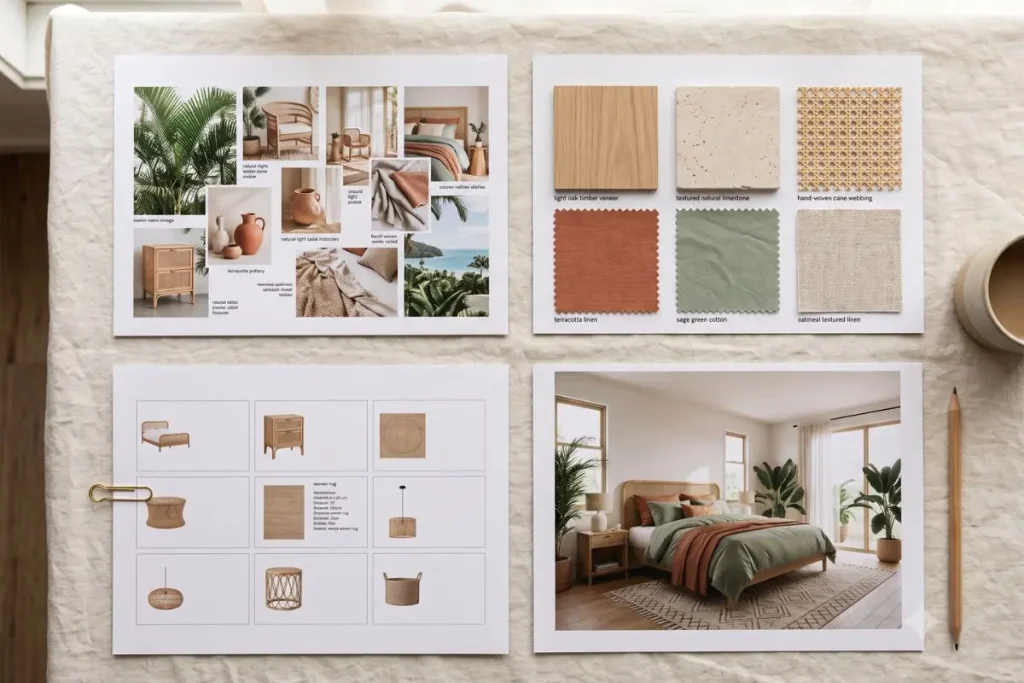 Online interior design deliverables laid out, mood board, materials schedule, furniture specification and a 3D visualisation for a tropical villa