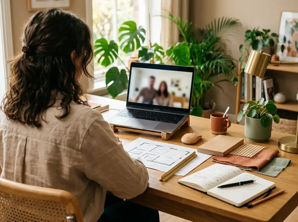 An online interior design discovery call — a designer reviewing a floor plan and material references over a video consultation