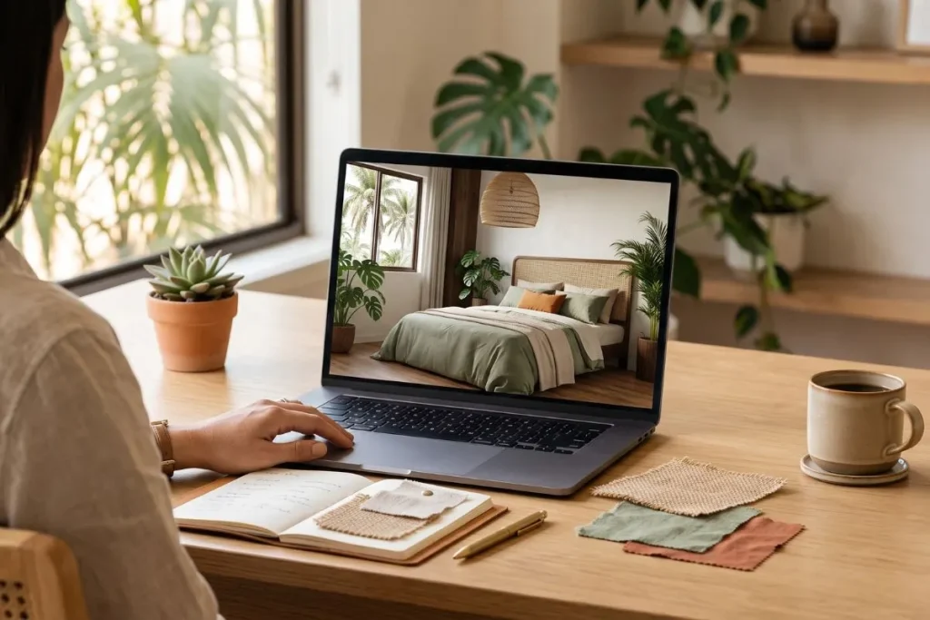 Reviewing a 3D visualisation of a tropical bedroom on a laptop during an online interior design project