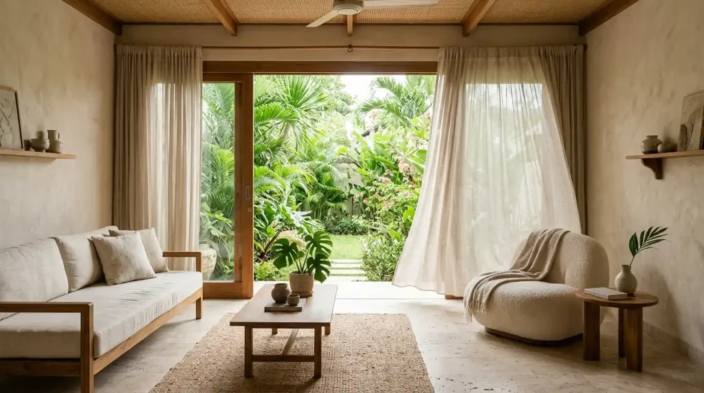 Bali living room with travertine floor, limewash walls and linen furniture designed for a humid tropical climate.