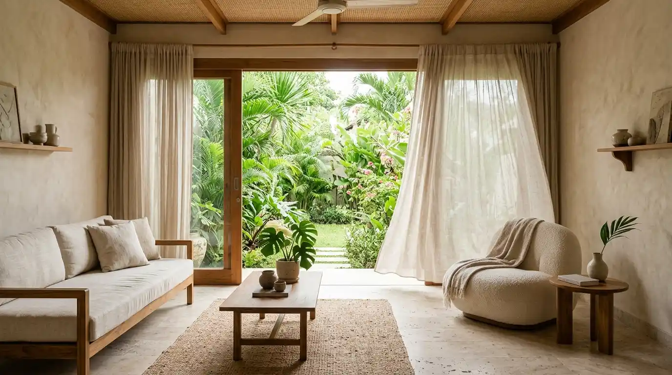 Bali living room with travertine floor, limewash walls and linen furniture designed for a humid tropical climate.