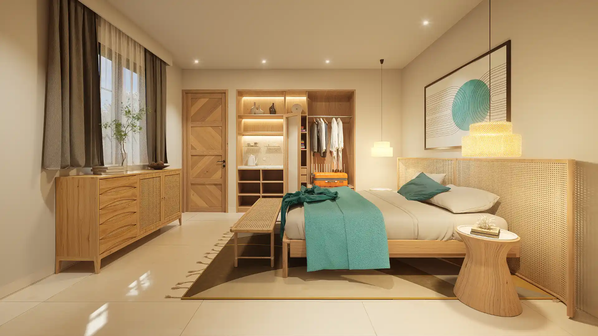 Guesthouse bedroom in the Seychelles with a cane headboard and timber sideboard, designed remotely by Bali Best Design