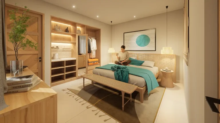 Second guesthouse bedroom in a warm tropical palette with woven pendant lighting