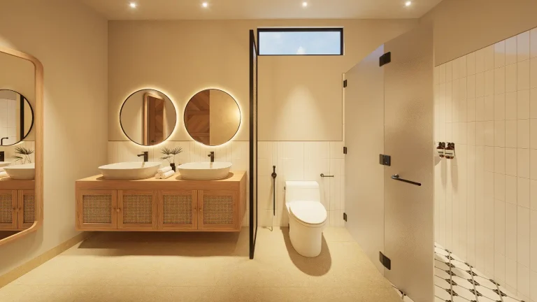 Tropical villa bathroom with double vessel basins, a cane vanity and a walk-in shower