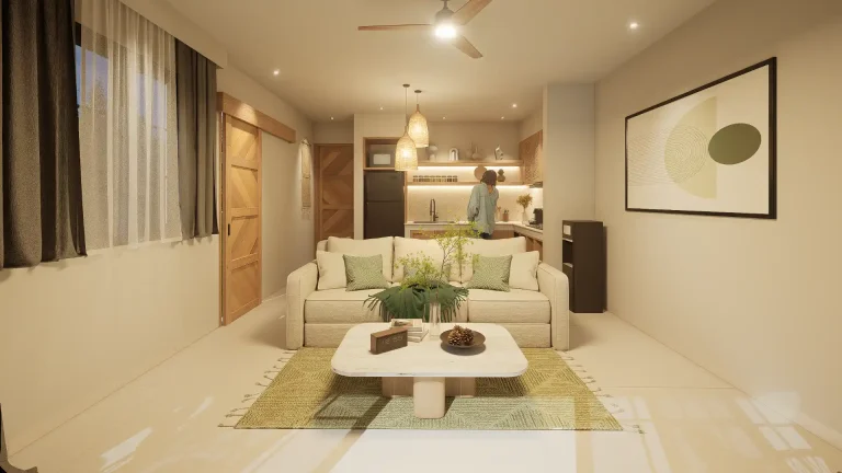 Warm tropical living room with a bouclé sofa, jute rug and travertine coffee table