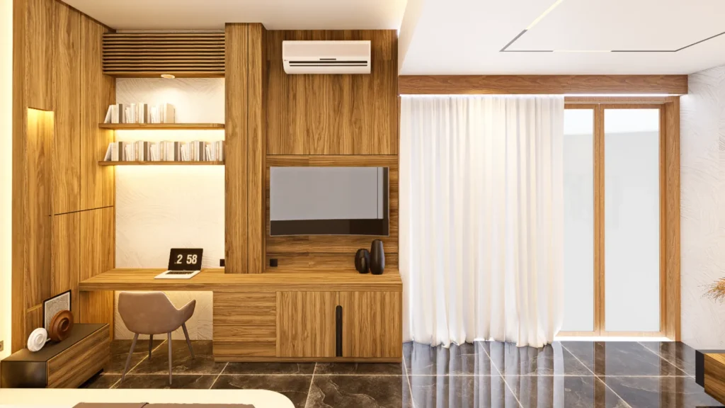 Render of the built-in floating desk with lit bookshelves and timber TV wall in the Victor House master bedroom