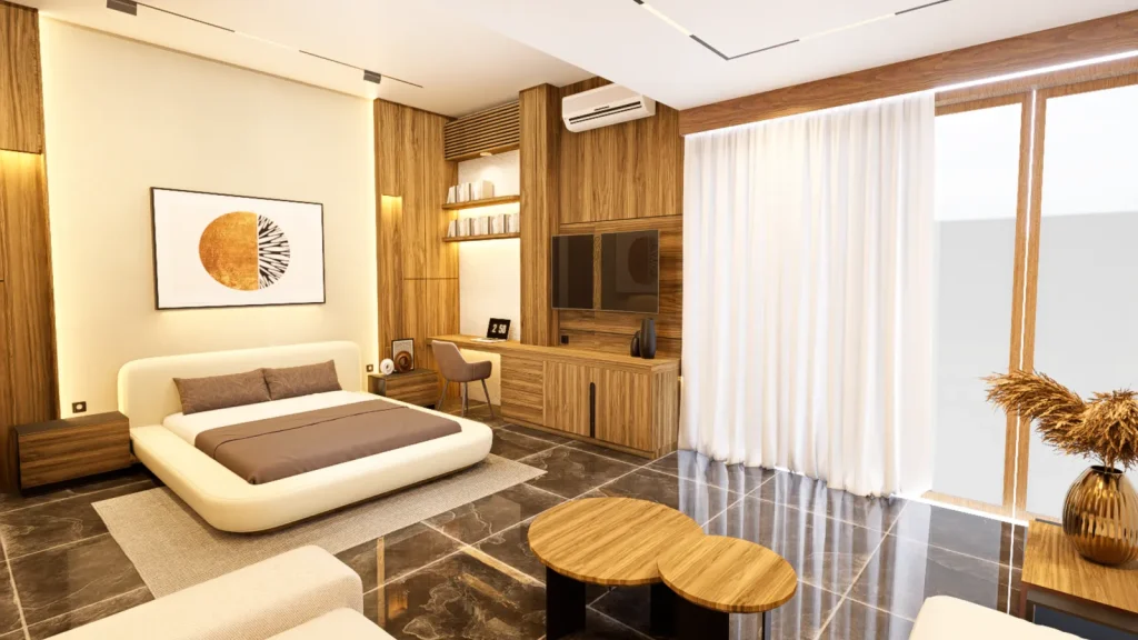 Wide render of the 6.5 by 5 metre Victor House master bedroom showing the sleeping zone and lounge corner in warm teak tones