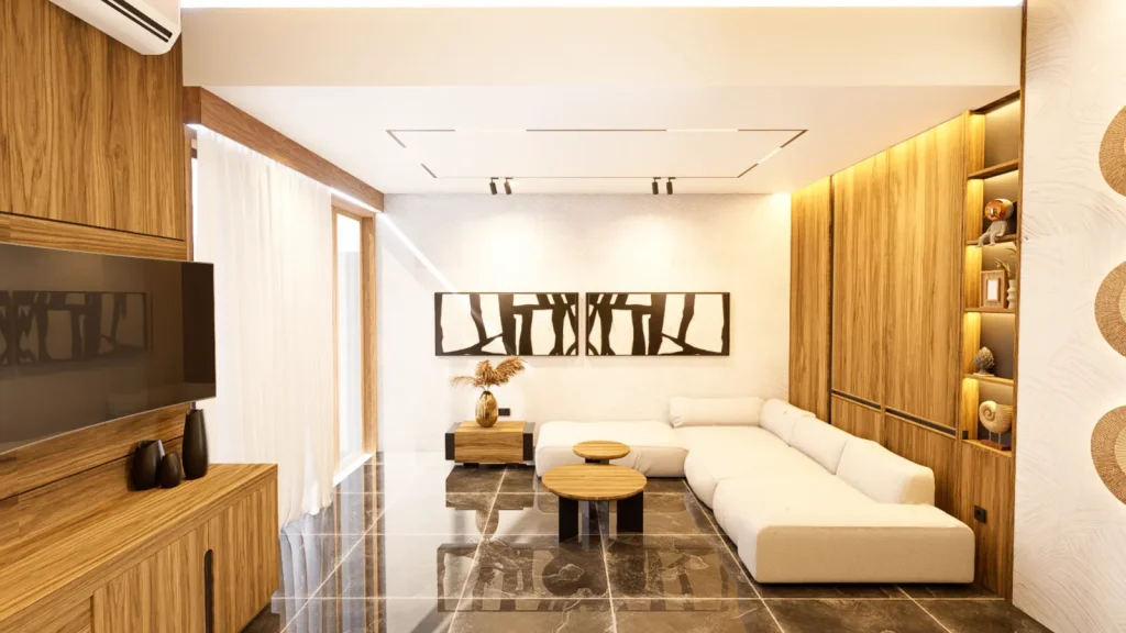 Render of the bedroom lounge corner with a low cream modular sofa, twin round timber coffee tables and lit display shelving