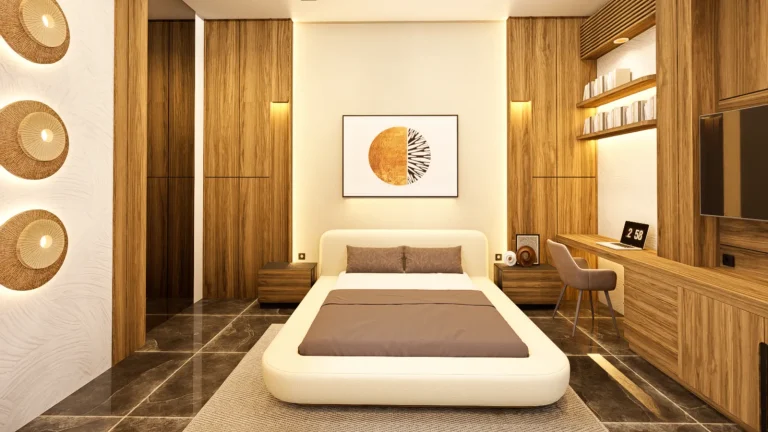 Master bedroom interior design in Kerobokan, Bali, with a cream upholstered bed, timber panelled walls, backlit feature wall and dark marble style floor, designed by Bali Best Design