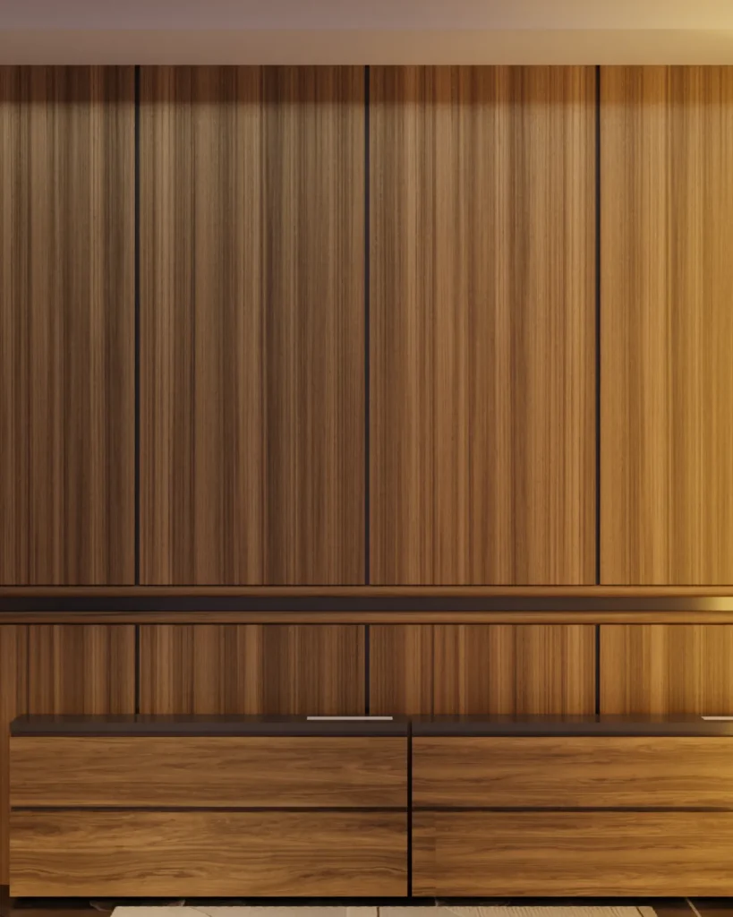 Render of the closed teak wardrobe joinery wall with black recessed handle lines and low drawer bank