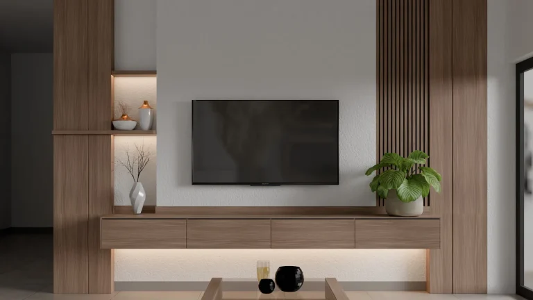 Private villa living room interior design in Canangsari, Badung, with a timber feature wall, floating console and grey sofa, designed by Bali Best Design