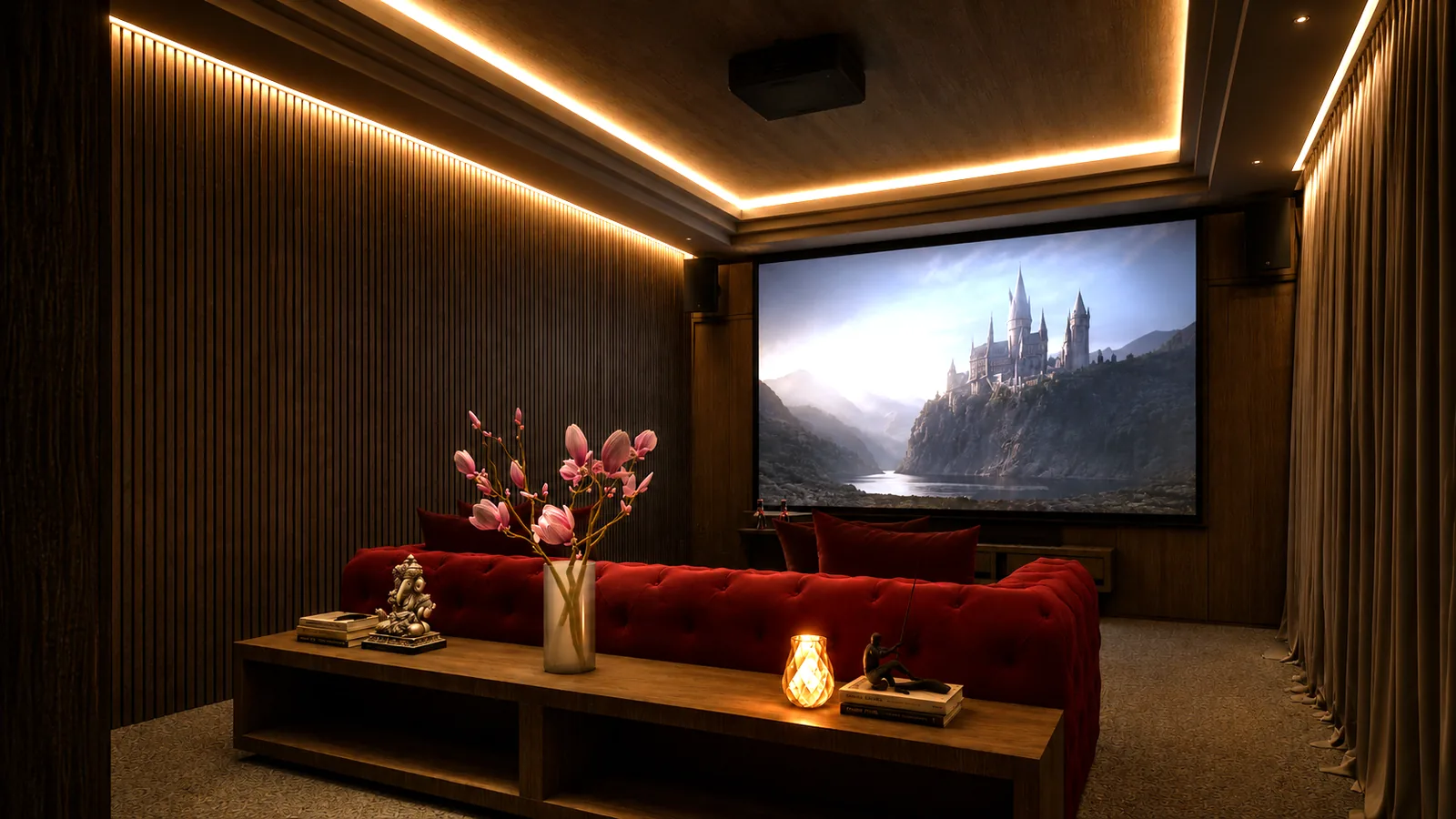 Private villa home cinema in Cemagi, Bali, with a large projection screen, acoustic timber-slat walls and a red velvet sofa, designed by Bali Best Design