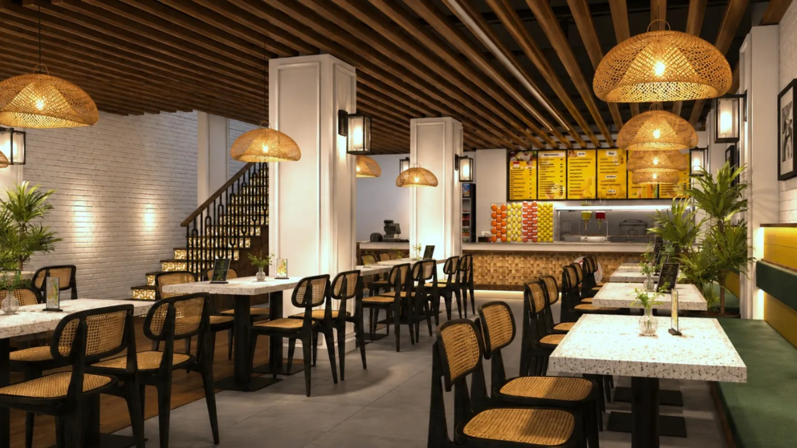 Wak Teni nasi lemak restaurant at Discovery Mall Kuta, with rattan pendant lights, cane-back chairs and a yellow menu counter, designed by Bali Best Design