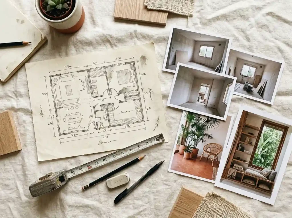 What to prepare for an online design consultation — a hand-sketched floor plan with measurements, a tape measure, daylight room photos and reference images