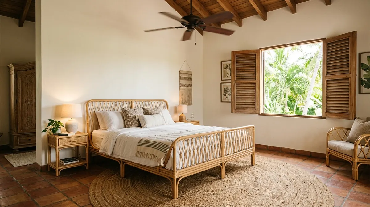 Bali boho bedroom with a rattan bed, a round jute rug, a macrame wall hanging, open louvred shutters and a ceiling fan