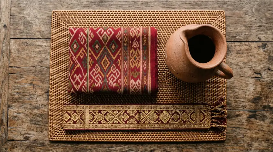 Folded ikat cloth, a gold songket strip and an earthenware jug on a woven rattan tray