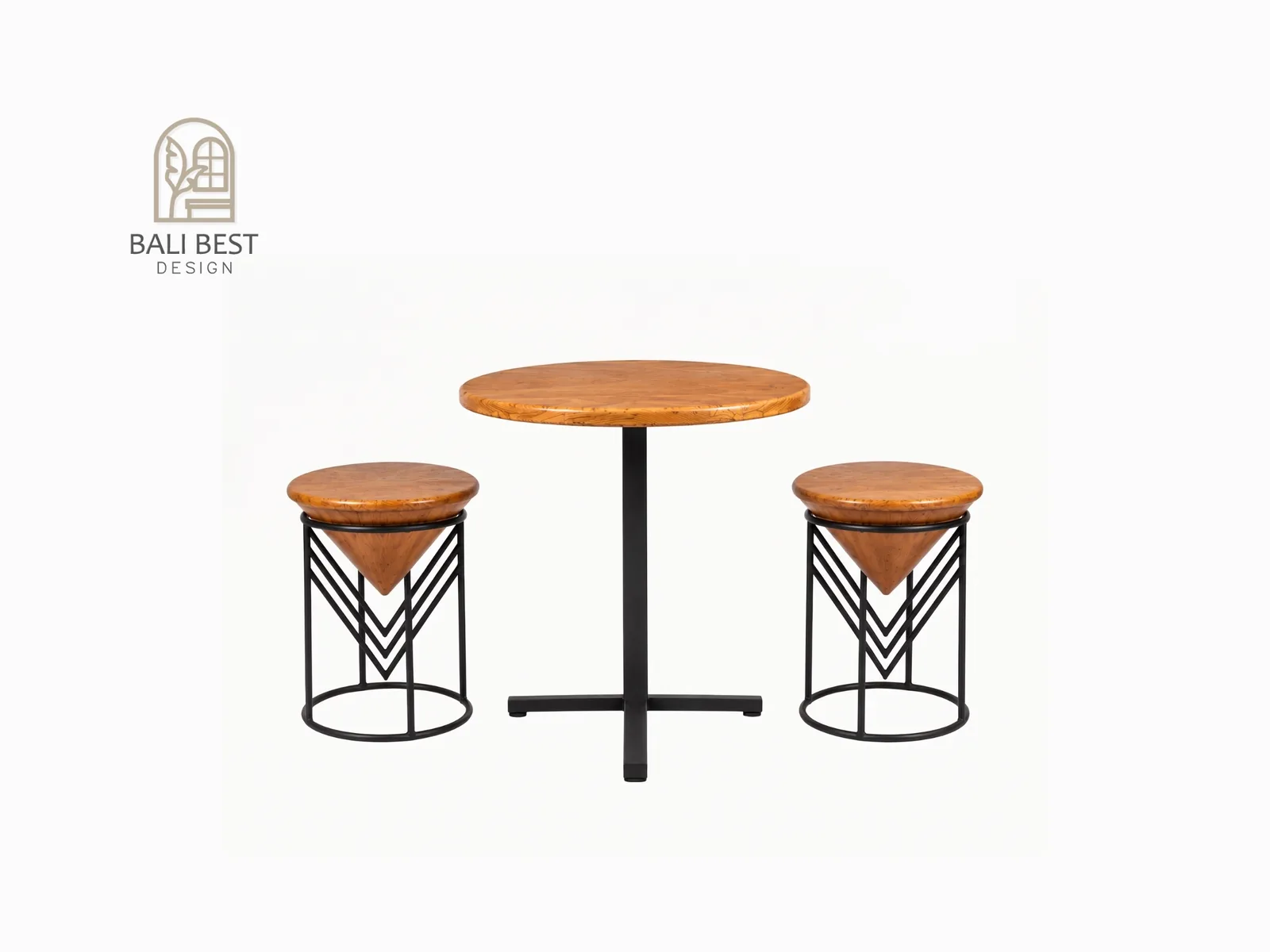 Round teak cafe table with two matching teak cone stools