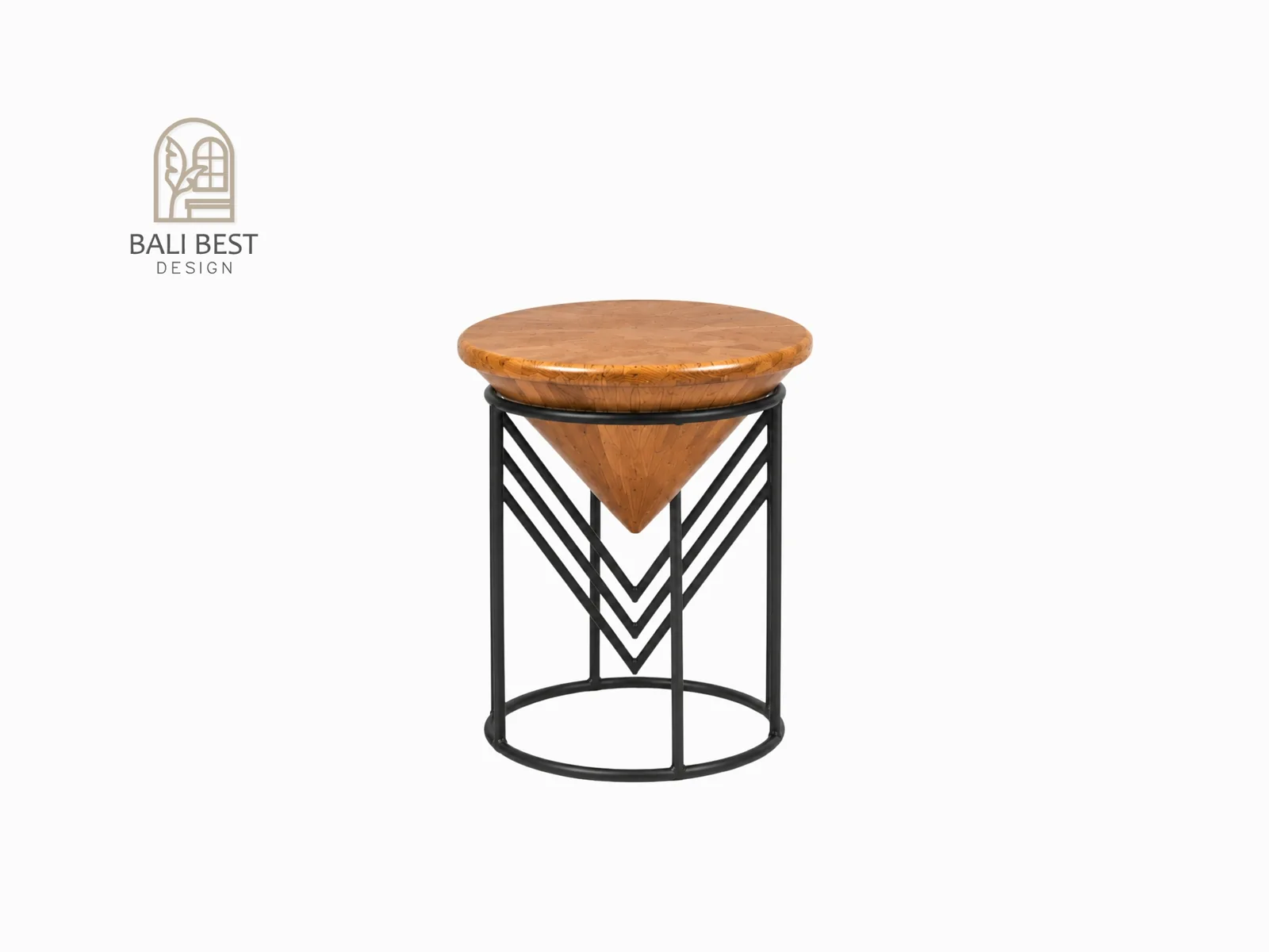 Teak cone stool on black chevron-patterned steel base
