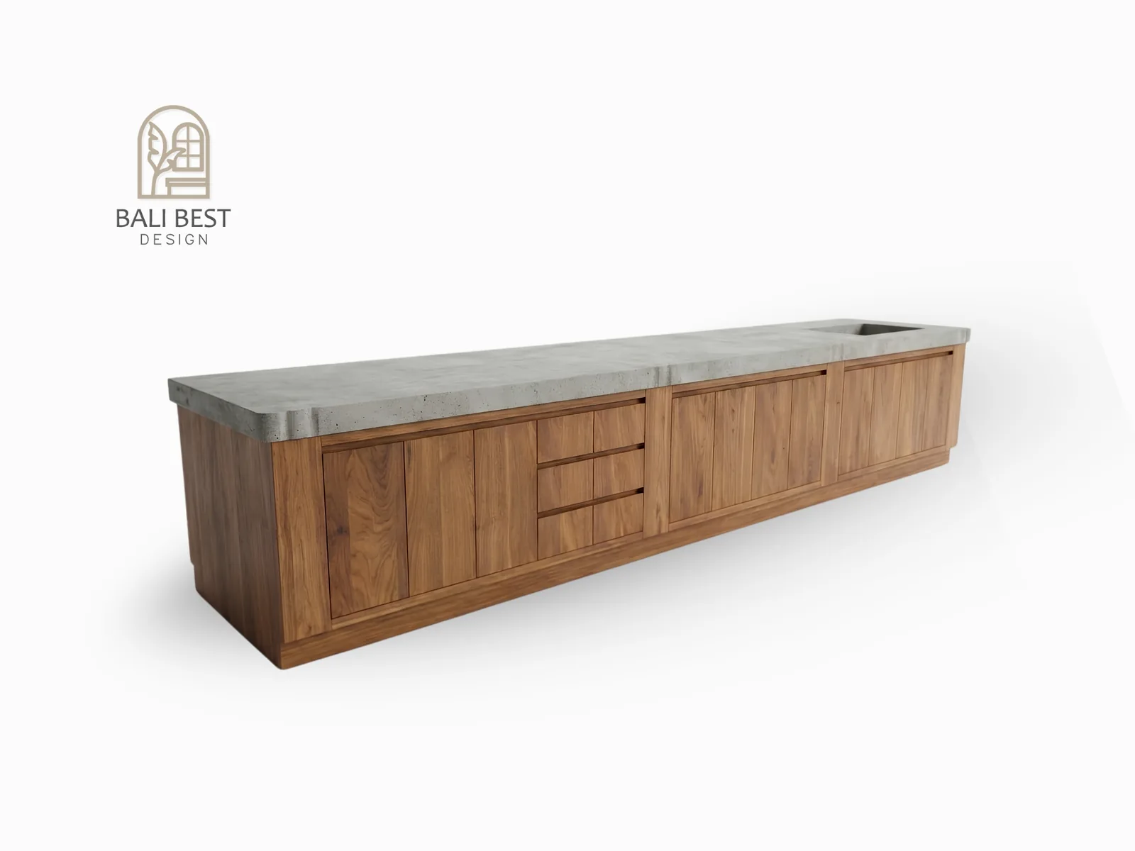 Teak kitchen island with cast terrazzo top and integrated sink