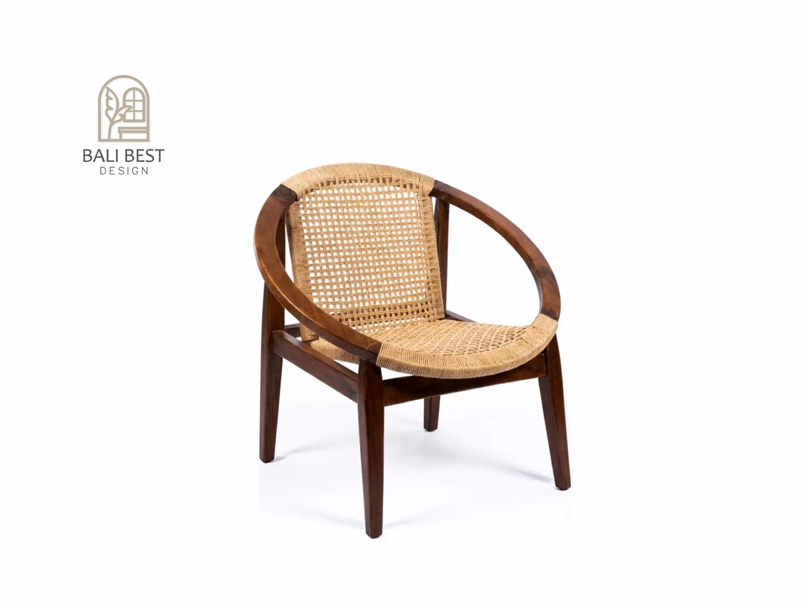 Round teak lounge chair with hand-woven seat and back