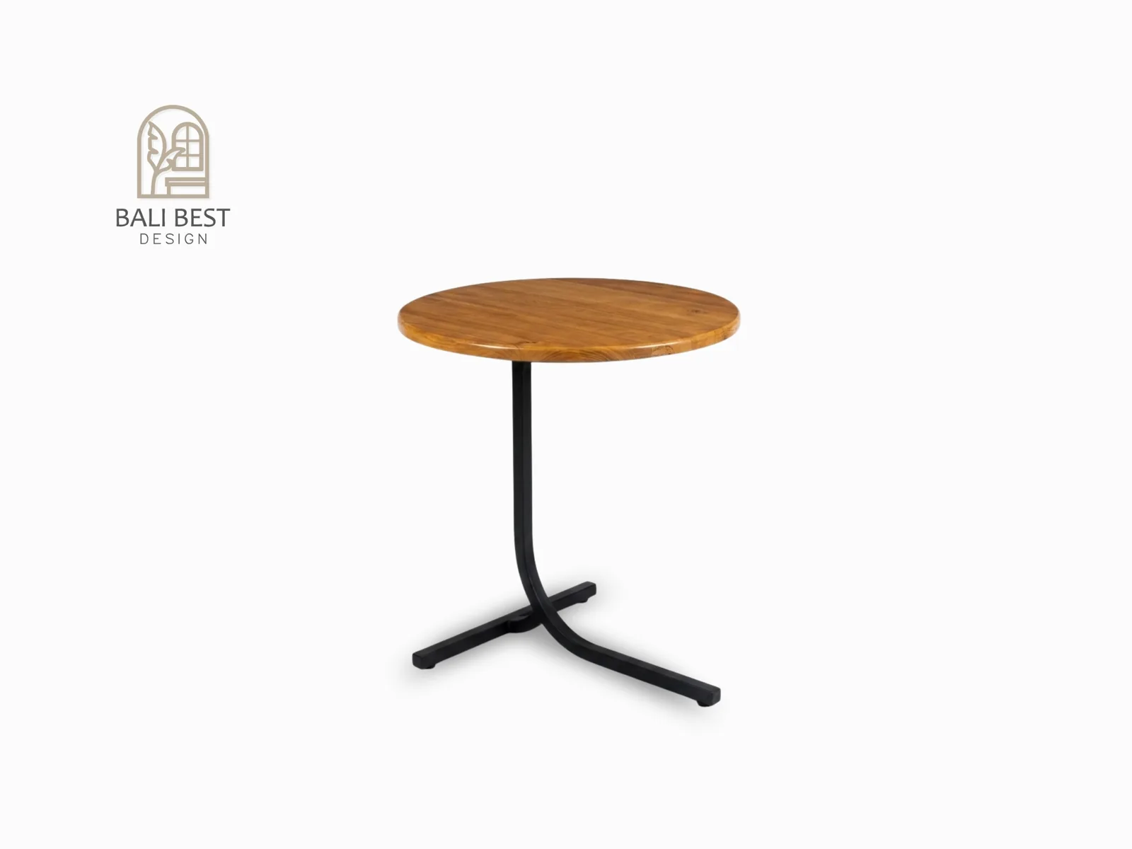 Round teak side table with black cantilevered steel base