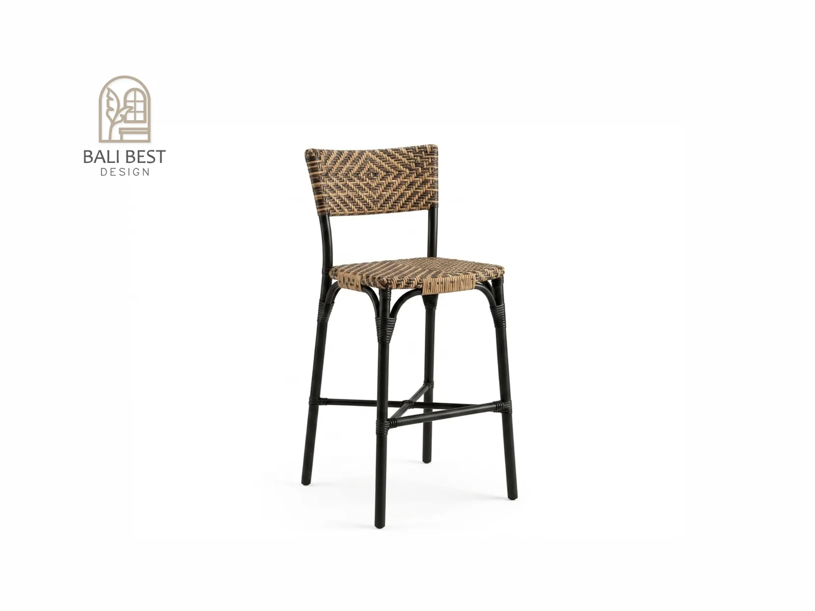 Woven bar stool with dark steel frame